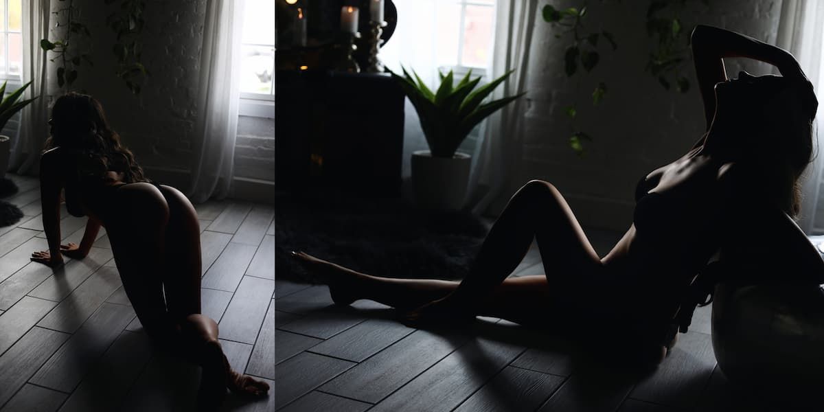 Moody boudoir photography series with dramatic shadows and natural window light.
