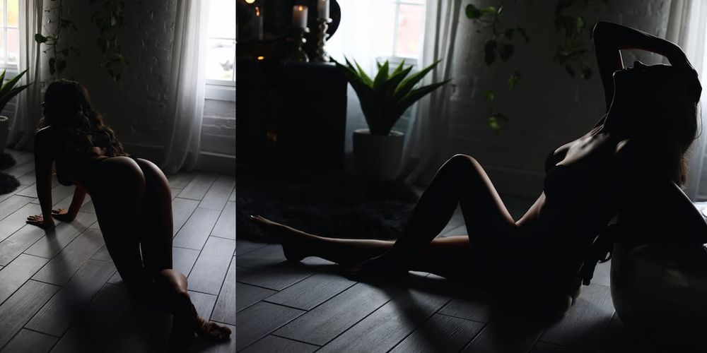 Moody boudoir photography series with dramatic shadows and natural window light.
