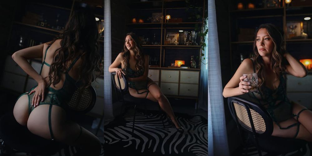 Artistic black and white boudoir portraits with dramatic lighting and shadows.