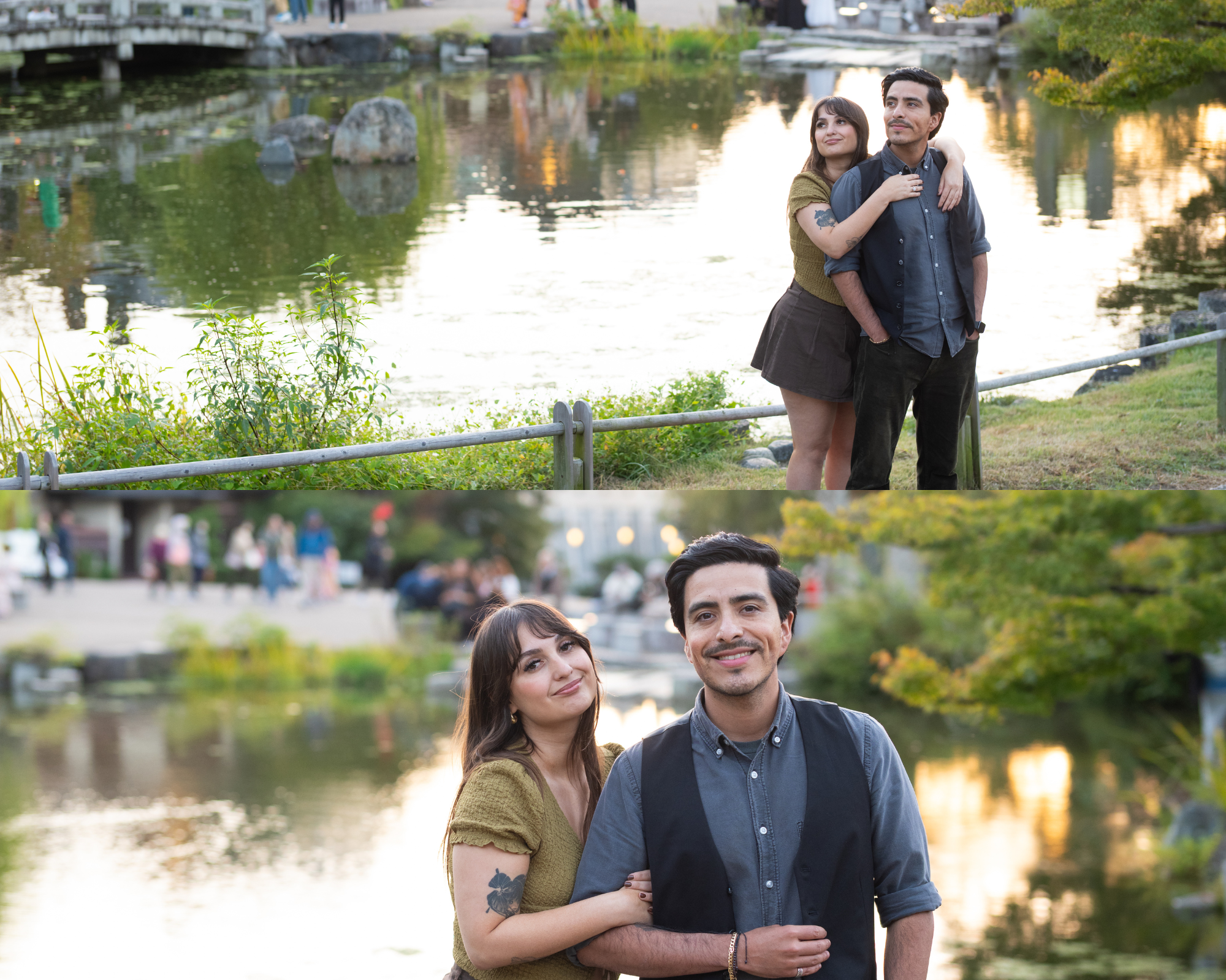 Engaged couple posing together by a reflective pond at golden hour in a scenic park setting.