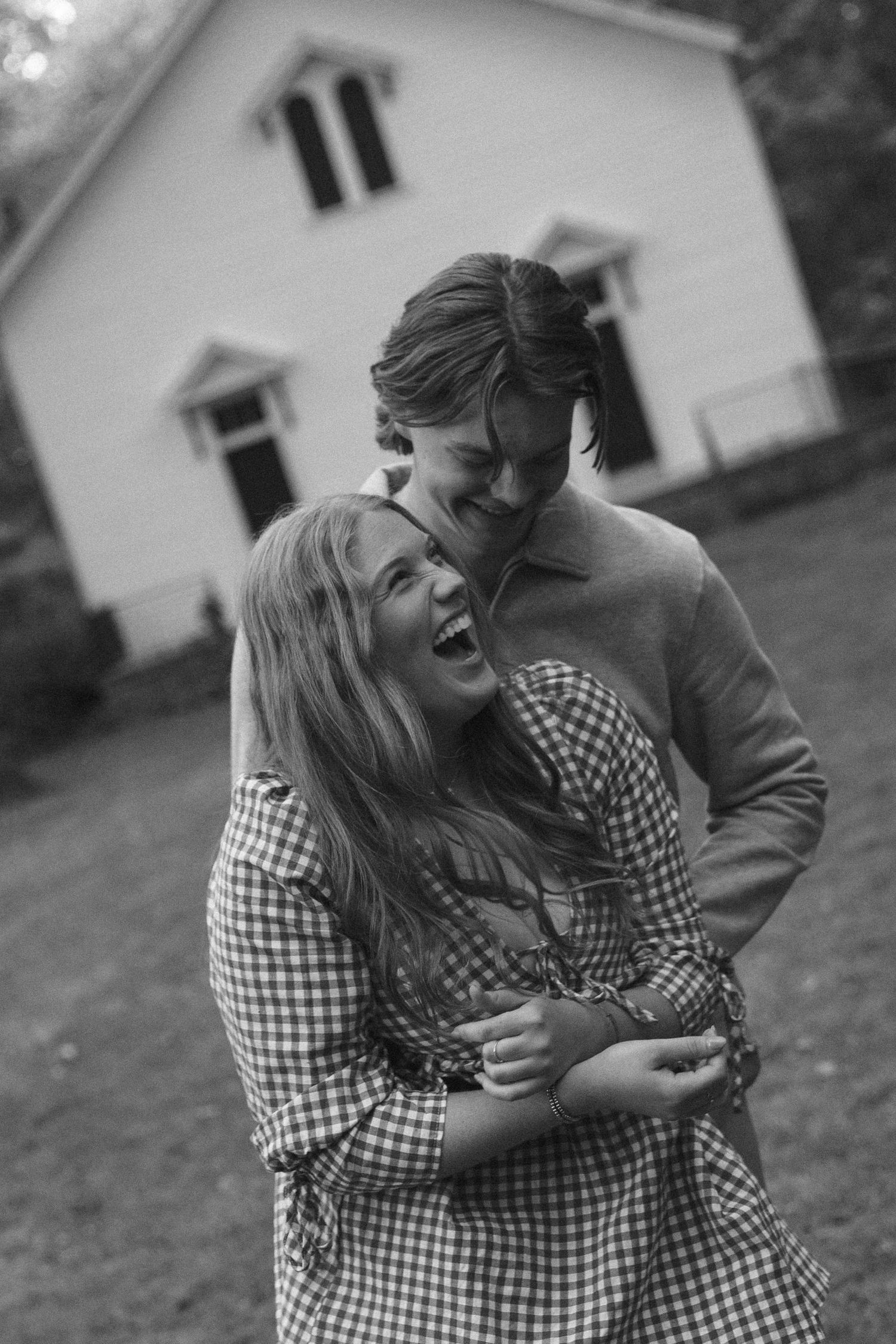 Fall outdoor golden hour engagement photos in front of chapel in Funks Grove, Illinois