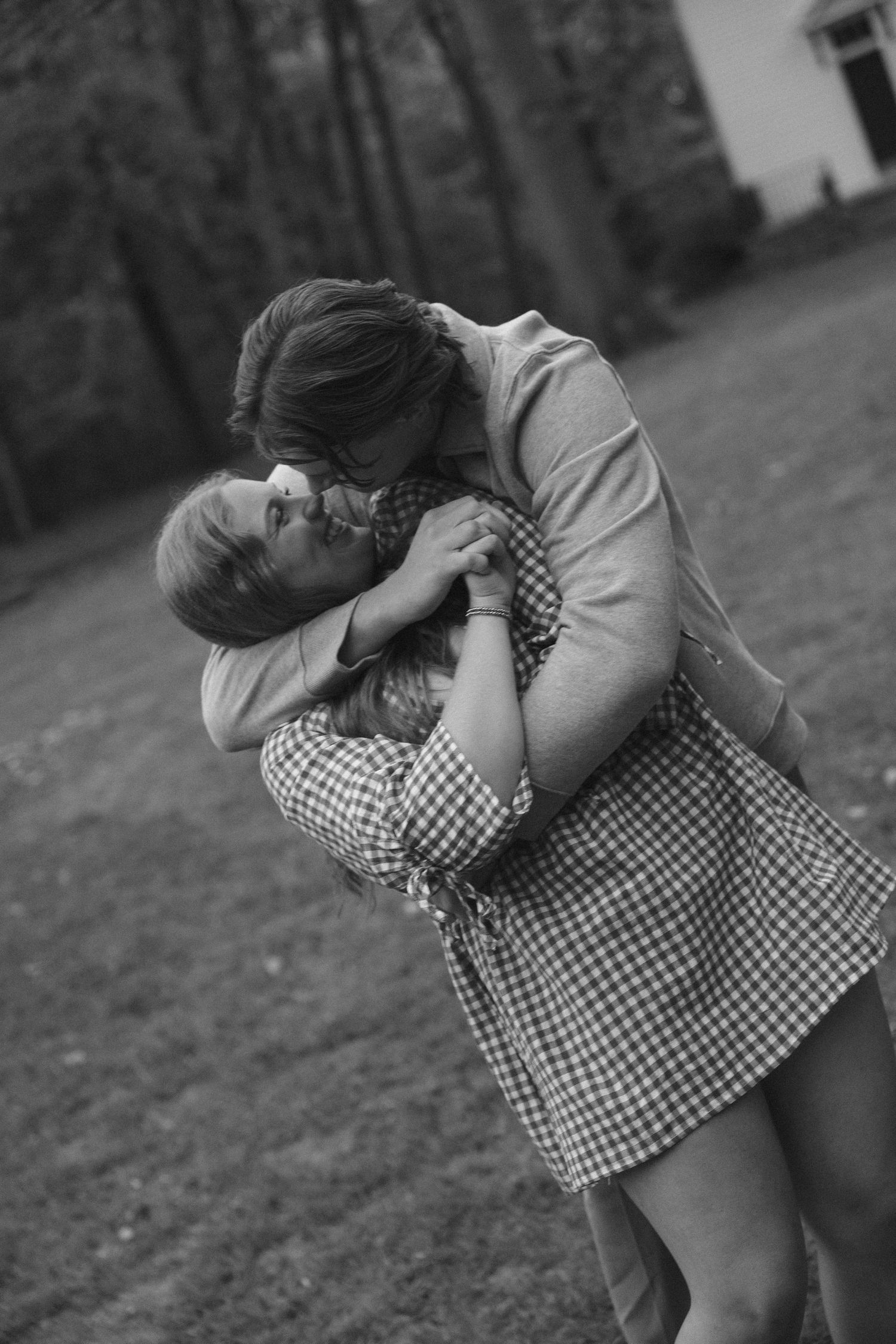 Fall outdoor golden hour engagement photos in front of chapel in Funks Grove, Illinois