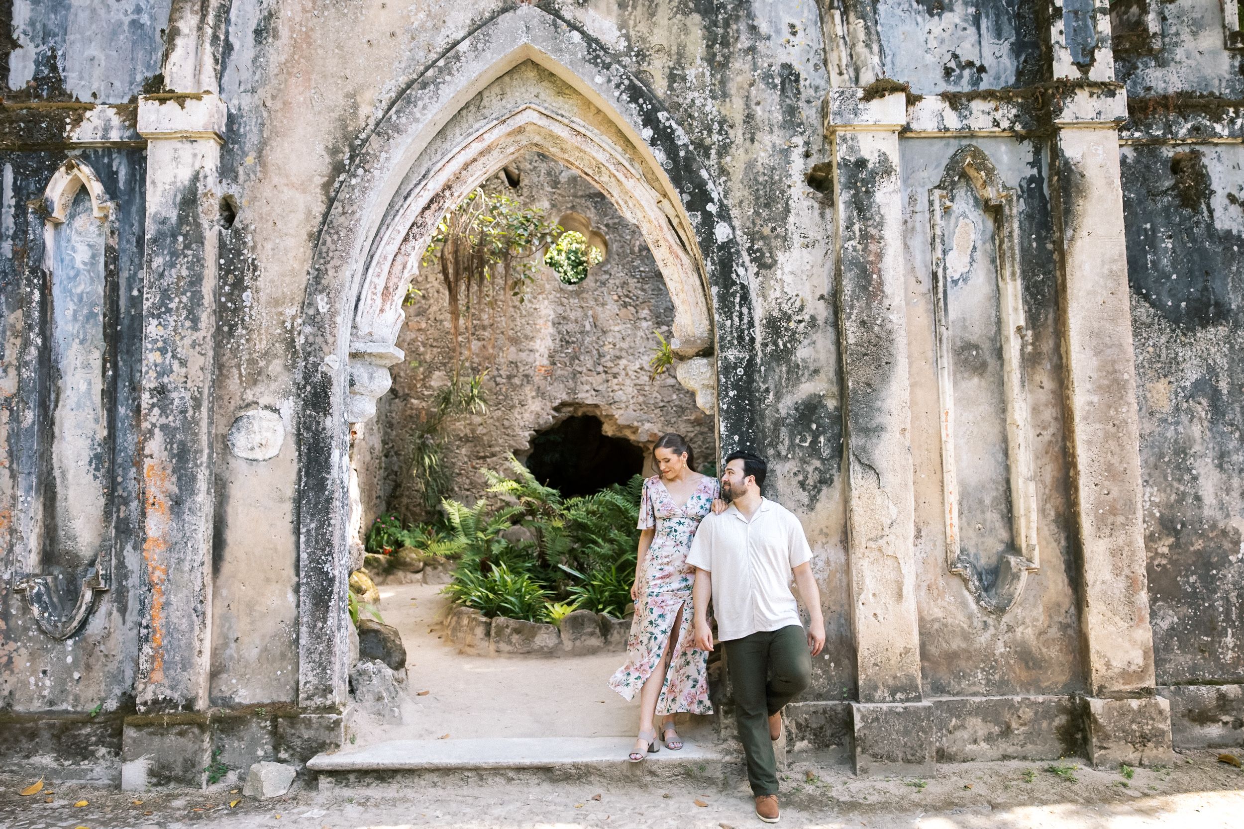 Romantic engagement portrait near historic ruins in Monserrate Sintra