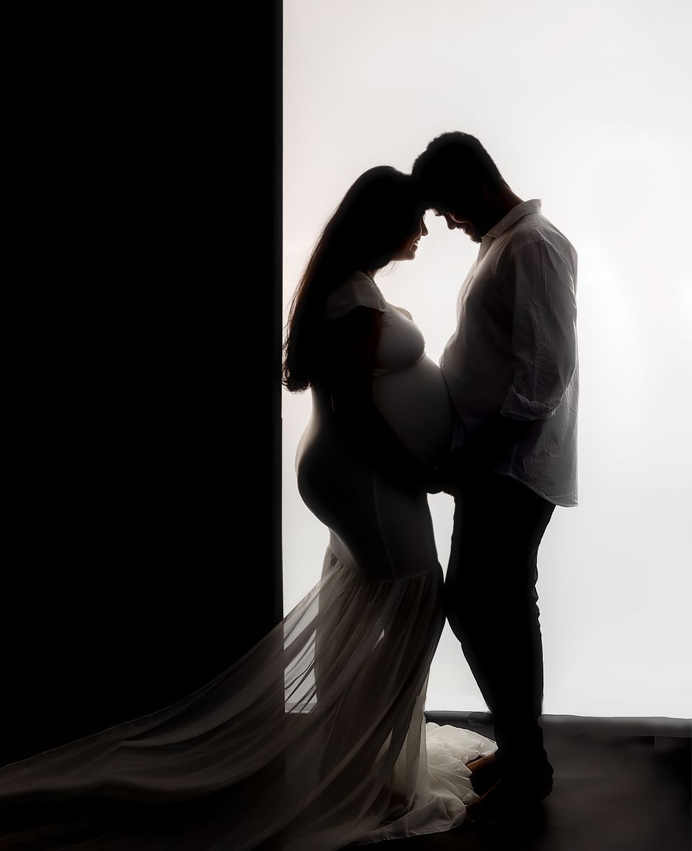 Silhouetted figures in a romantic embrace against white background shown in three artistic wedding photography poses.