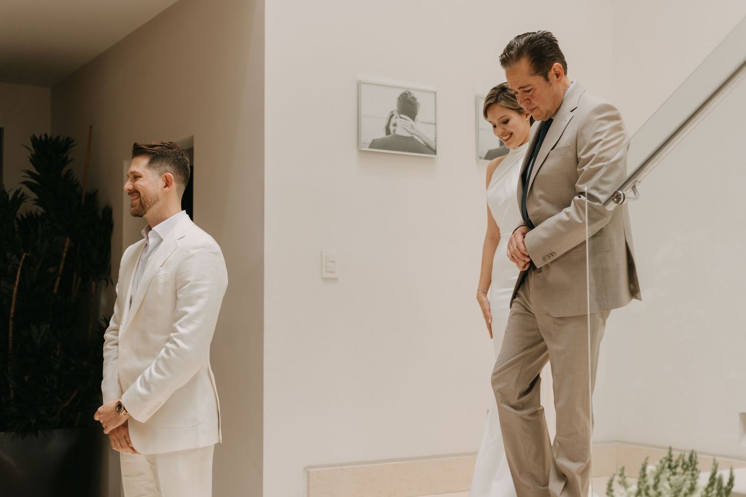 A series of minimalist wedding photos showing couples in elegant beige and white attire against neutral backgrounds.