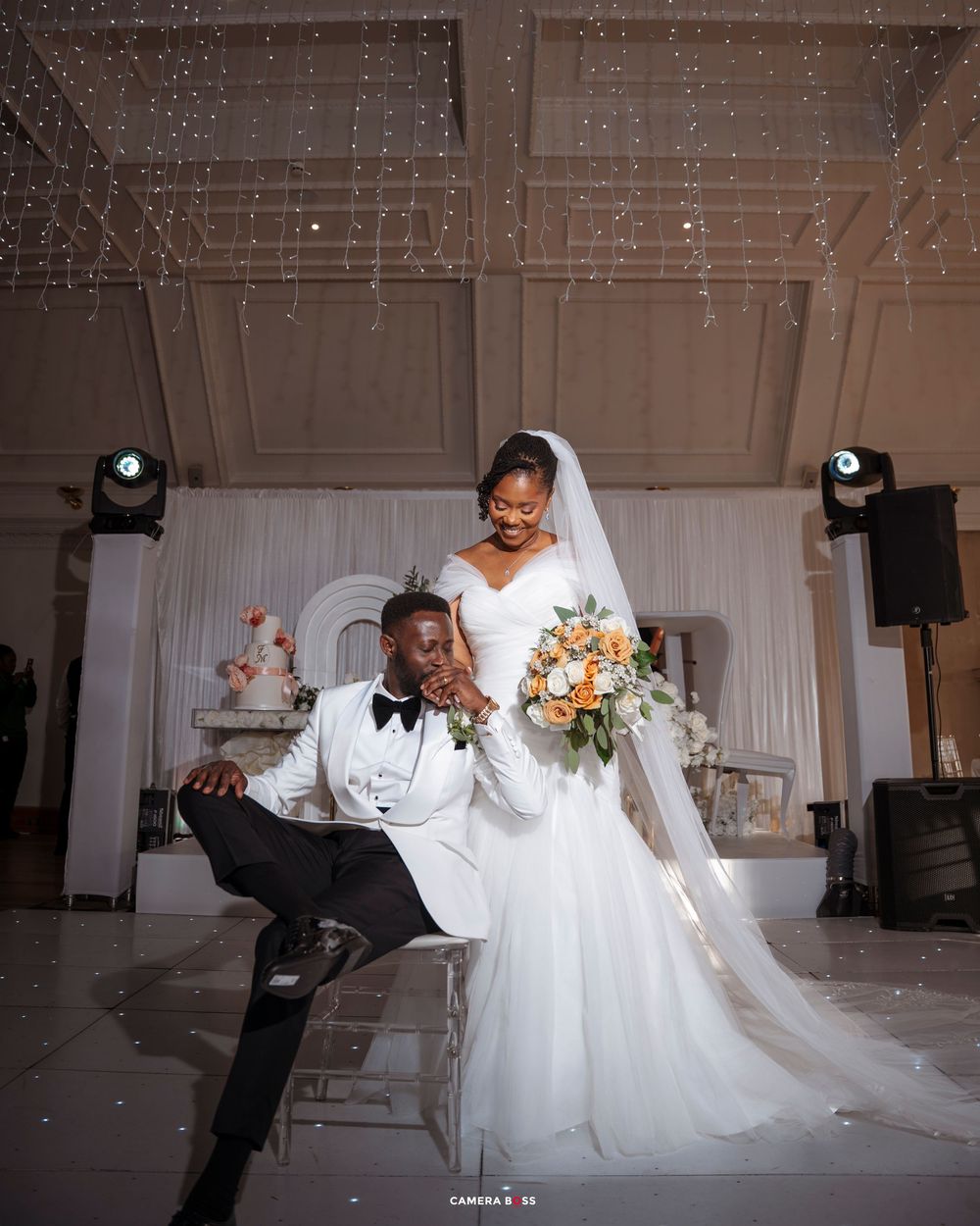 A couple in formal wedding attire dances together in a romantic sequence of photos showing graceful dips and spins.