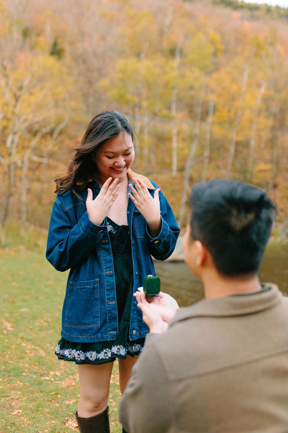 A couple shares an emotional proposal moment in a scenic autumn setting with golden trees in the background.