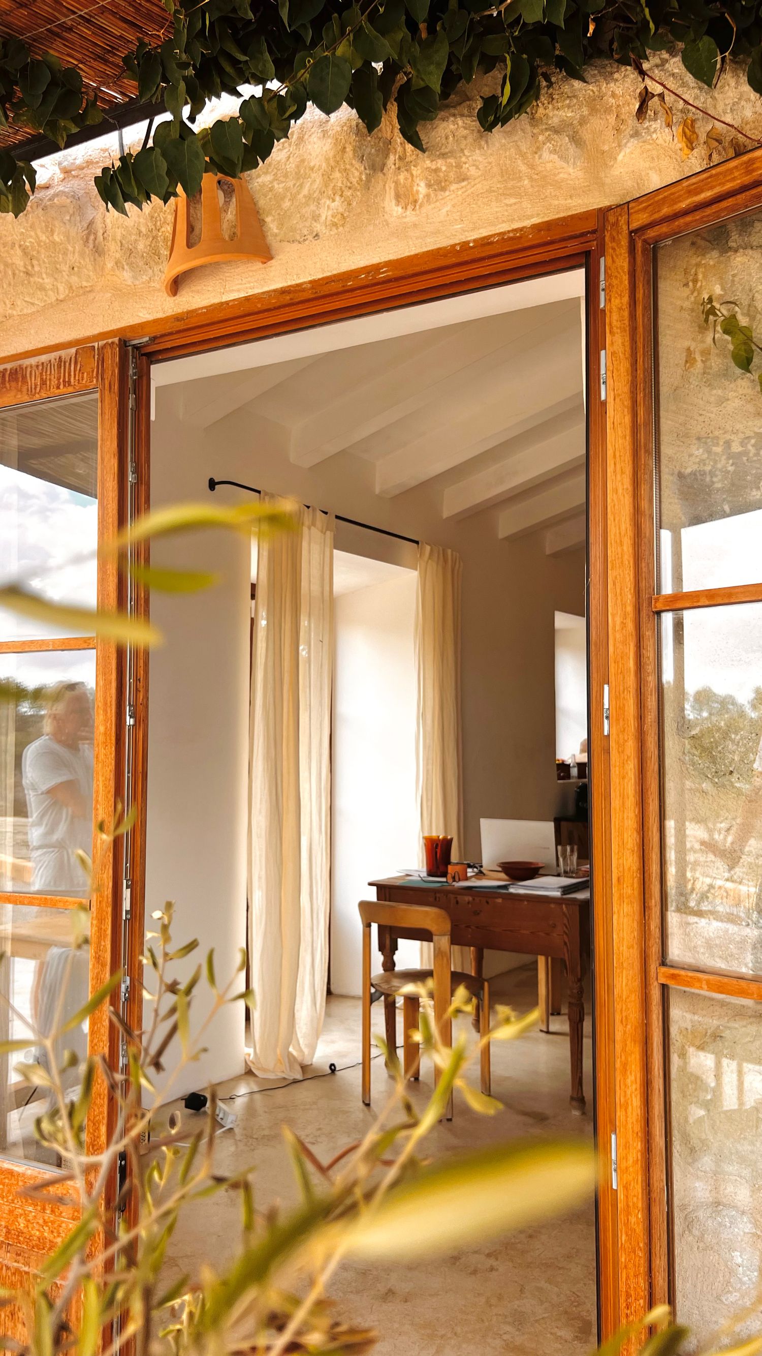 A series of wooden-framed windows in a row showing interior views of a modern room with natural light streaming in.