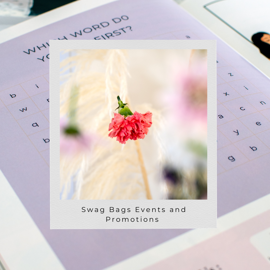 A soft pink and white floral design layout with text about swag bags and promotions against a light background.