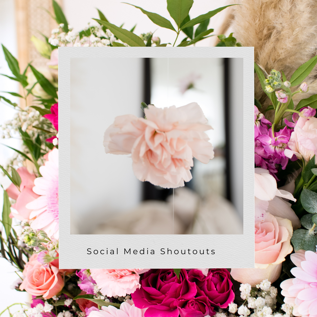 Collage of pink and purple floral arrangements with roses and greenery against white backgrounds for social media content.