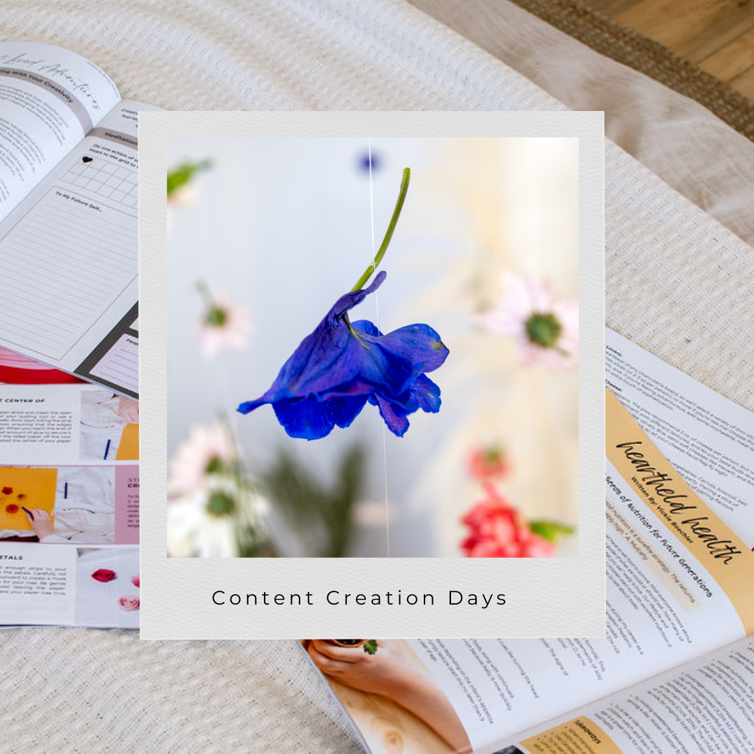 Flatlay of content creation and planning materials with papers, flowers, and blue decorative elements on a white surface.
