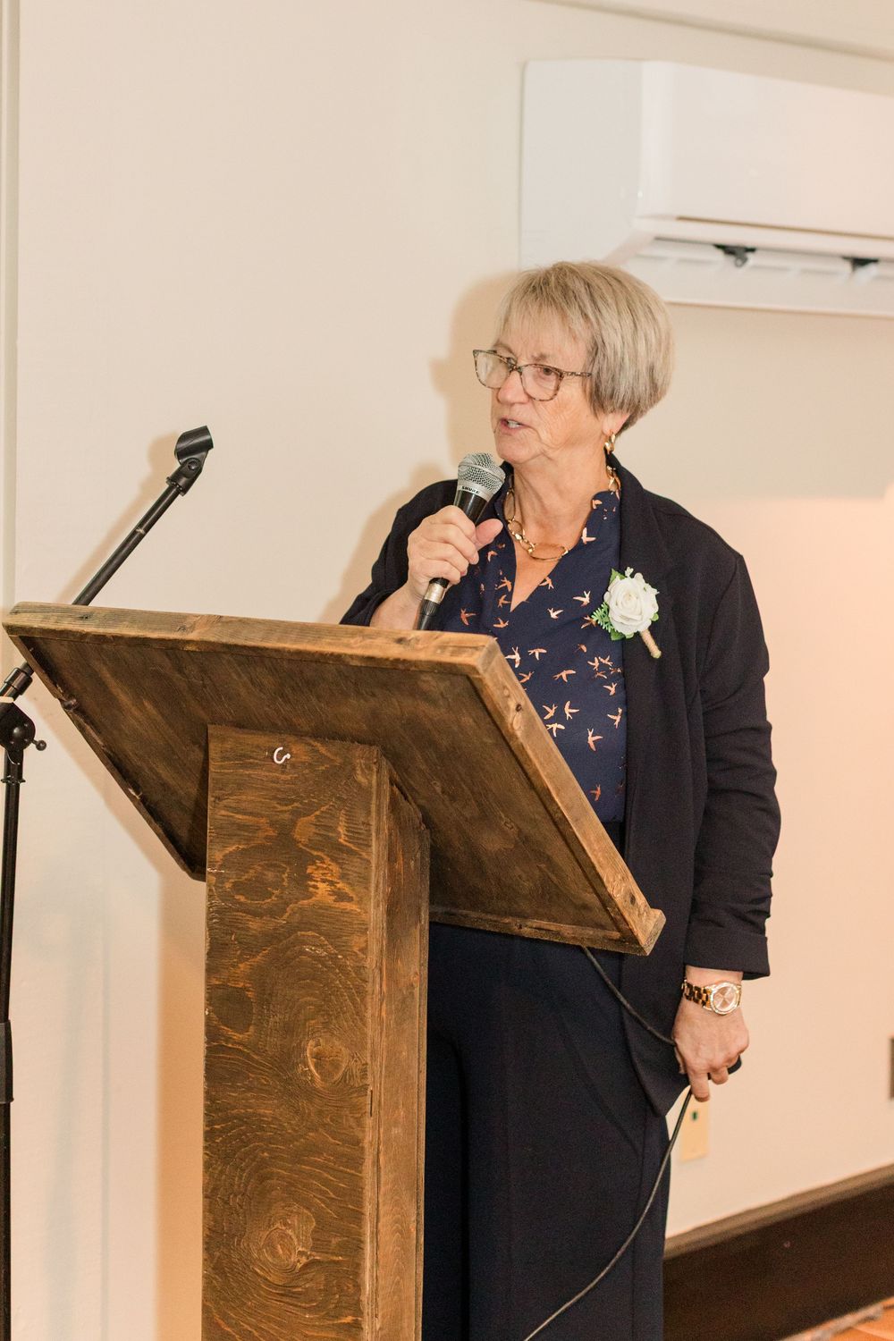 A speaker stands at a wooden podium delivering remarks during an indoor event.