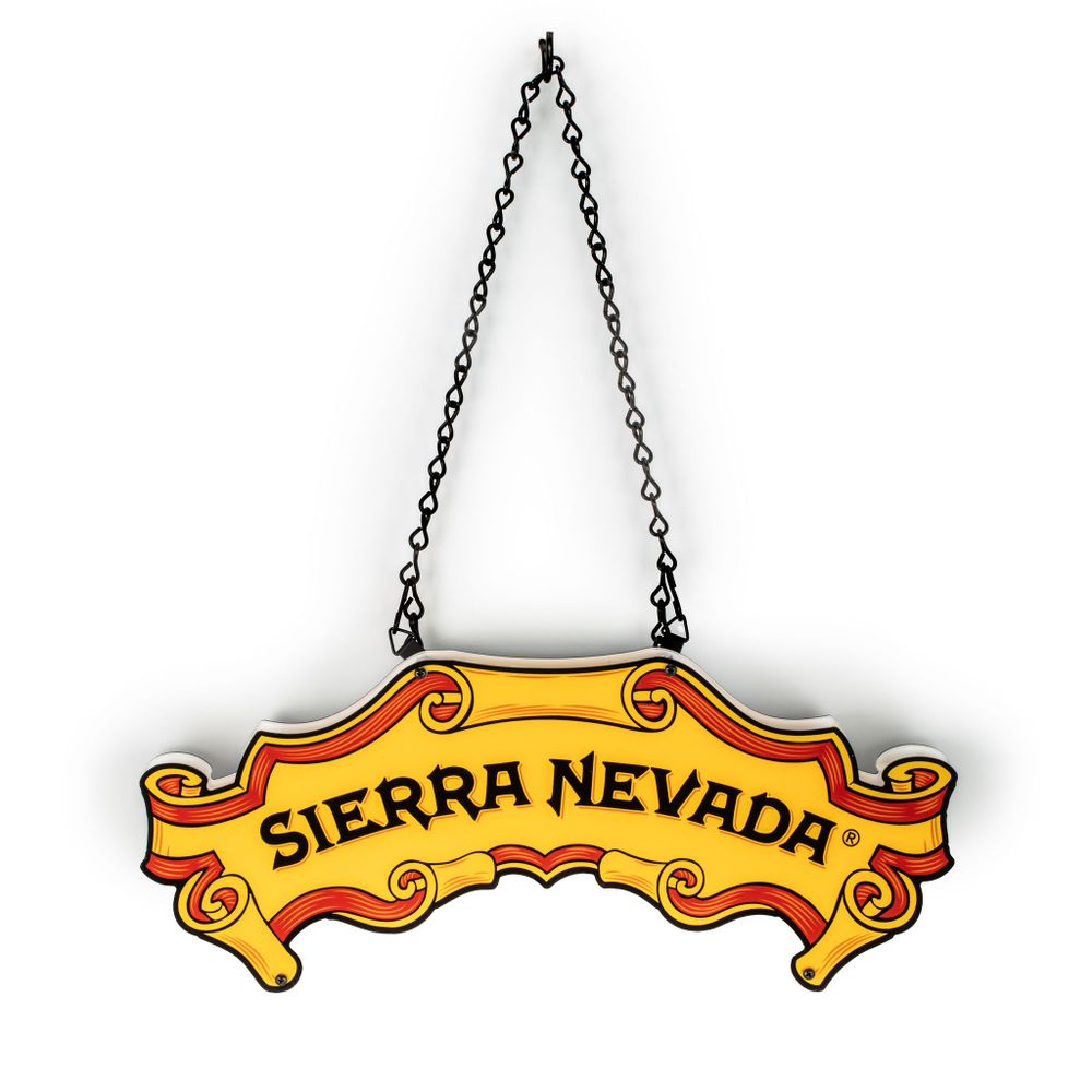 Decorative Sierra Nevada branded hanging wooden sign with yellow banner design.
