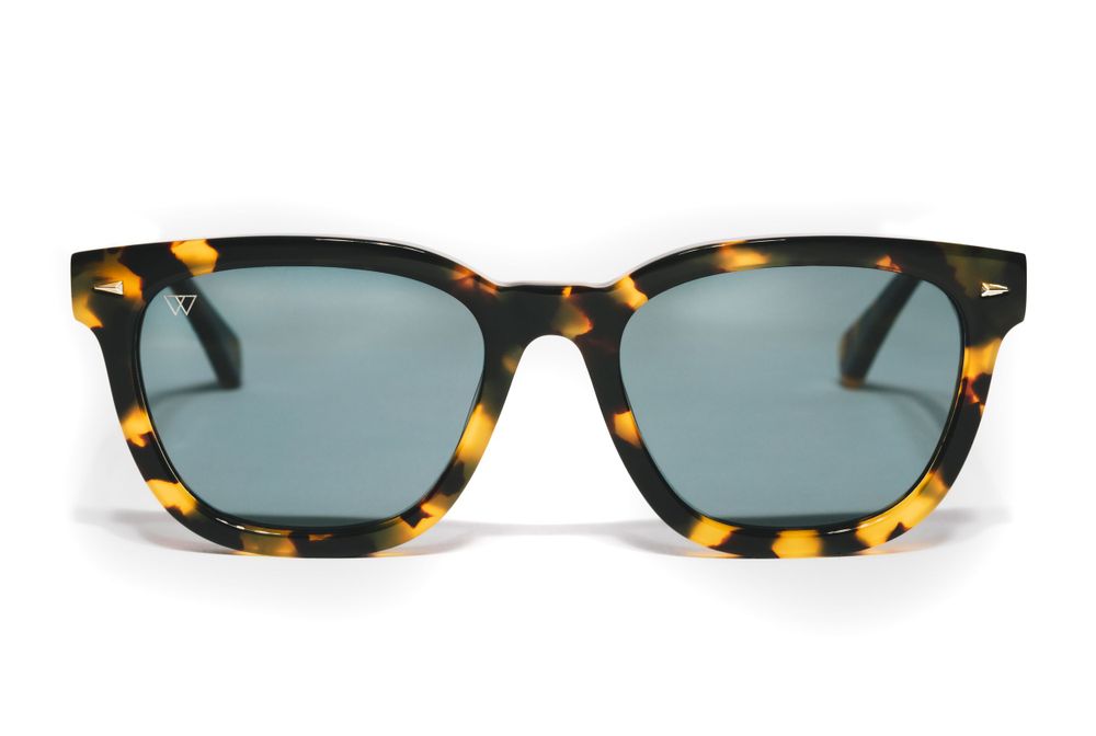 Tortoiseshell patterned wayfarer sunglasses with blue-tinted lenses on white background.