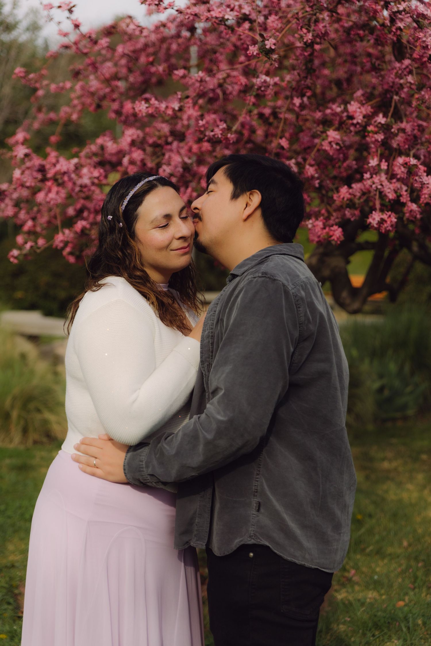 Romantic couple embracing and kissing near a blooming pink cherry blossom tree in spring.