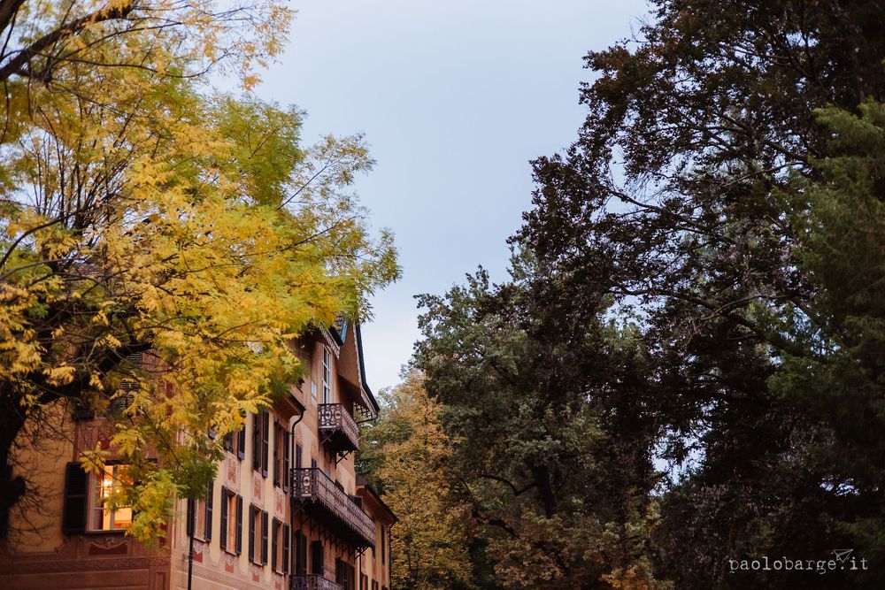 Autumn trees frame a historic brick building with golden foliage.