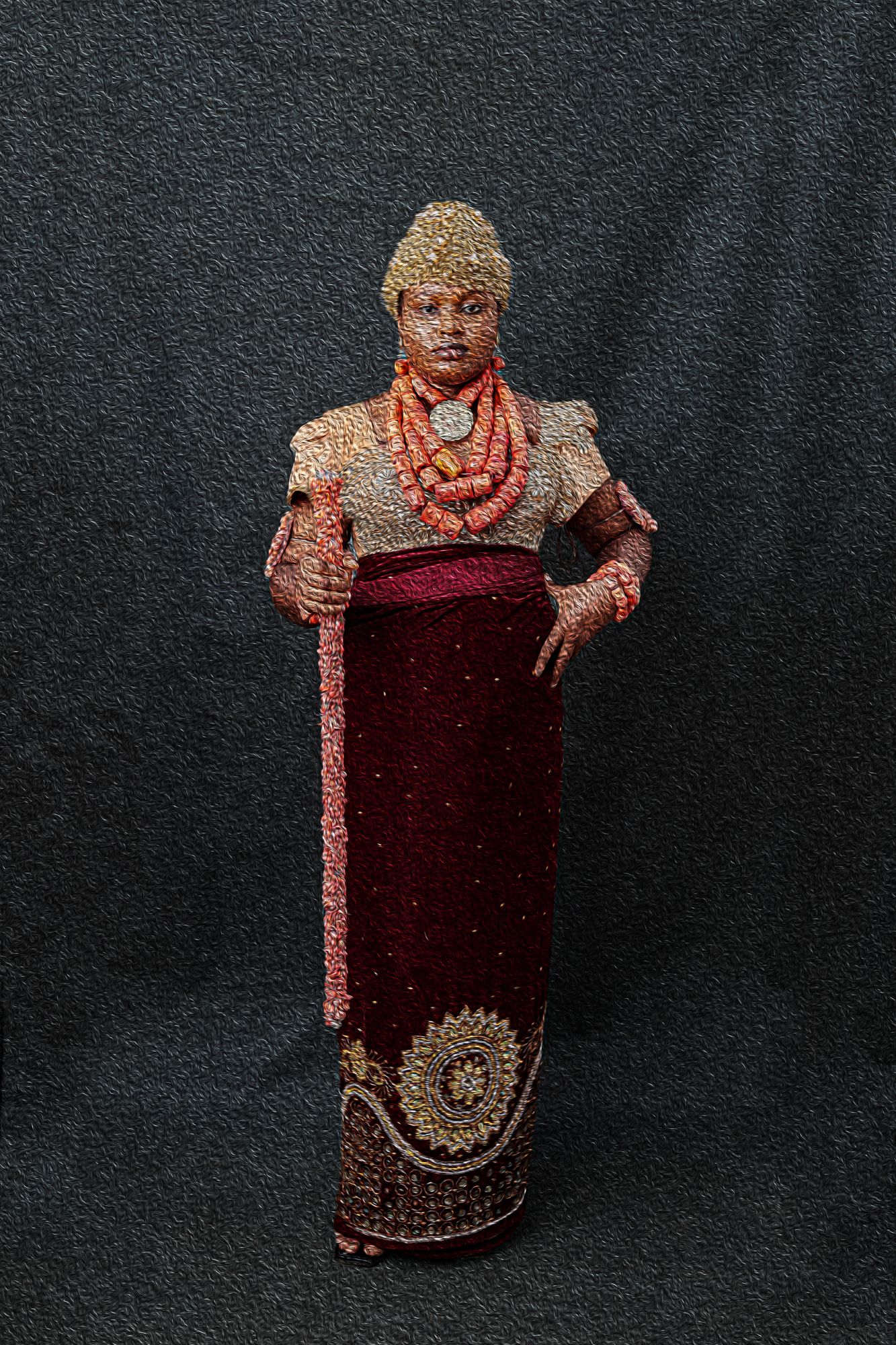 Photography Oil painting Culture-RiversBride wearing coral beaded jewelry, holding beaded rod and garments.