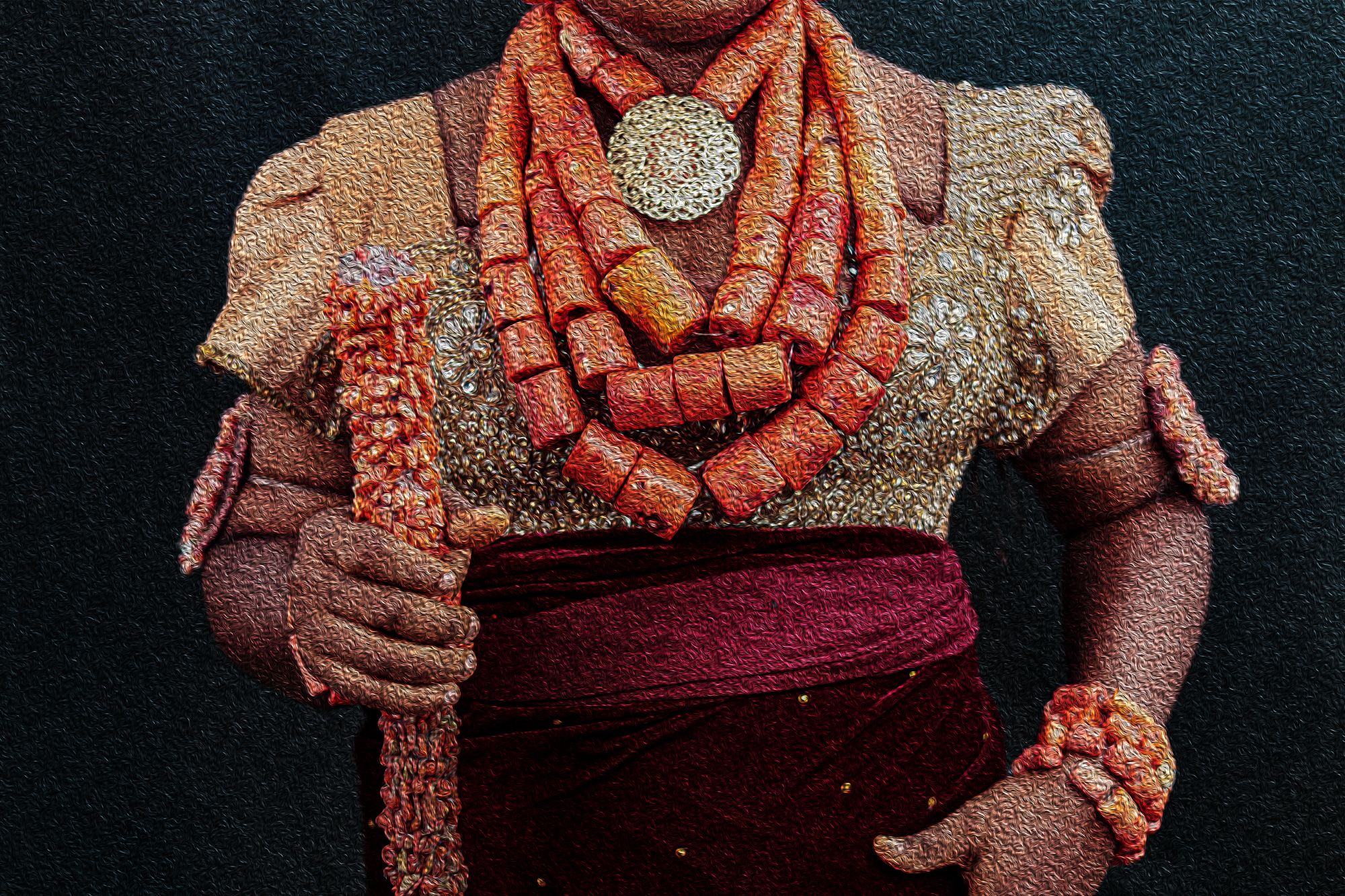 Photography Oil painting Culture-RiversBride wearing coral beaded jewelry, holding beaded rod and garments.