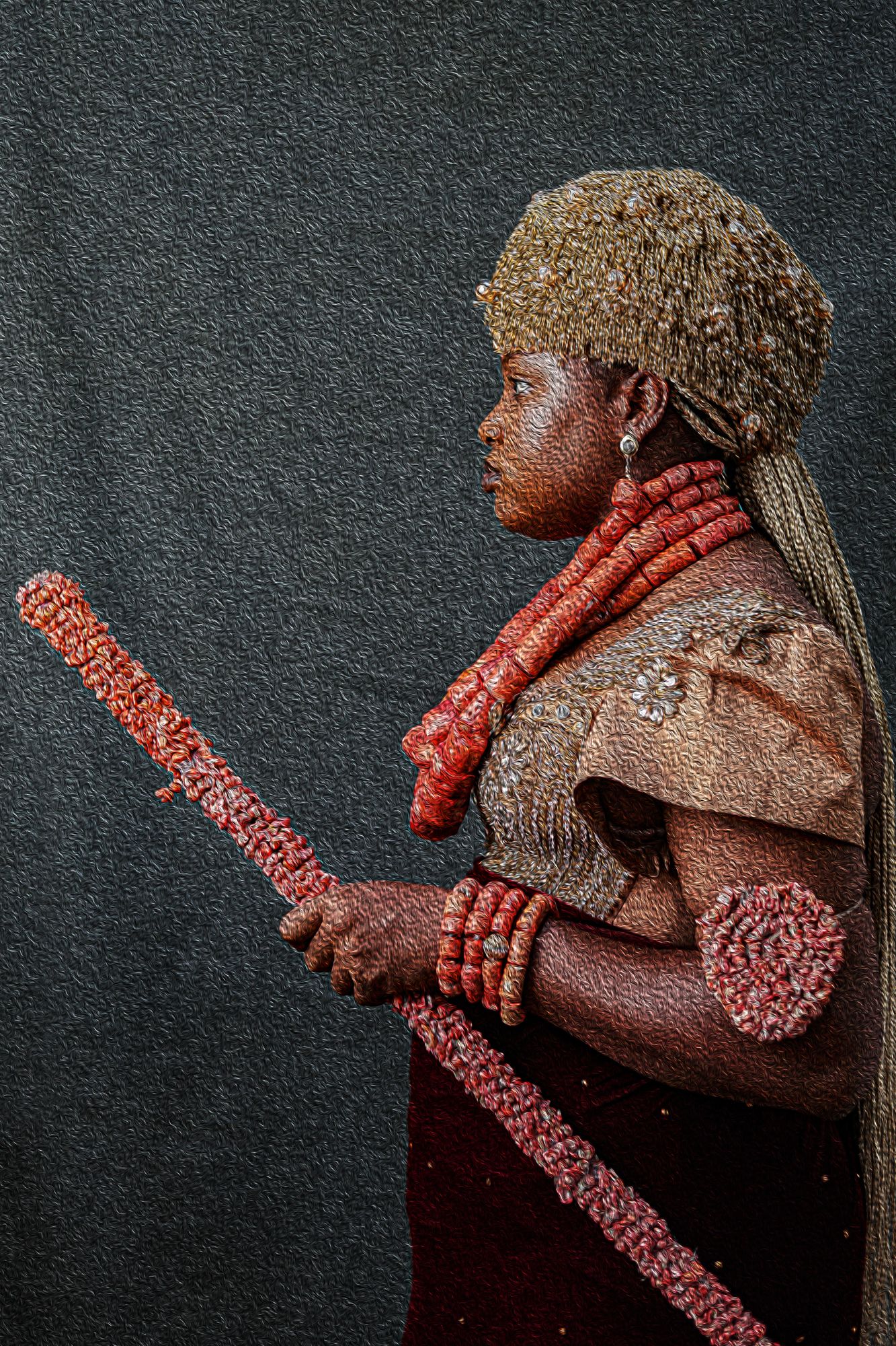 Photography Oil painting Culture-RiversBride wearing coral beaded jewelry, holding beaded rod and garments.