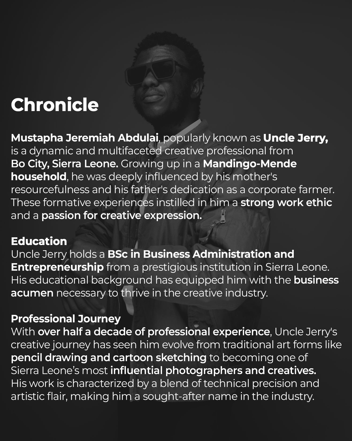 A black and white professional biography page showing educational background and career details against a dark background.