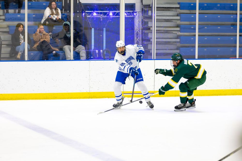 Hockey players from opposing teams race for puck control during competitive match.