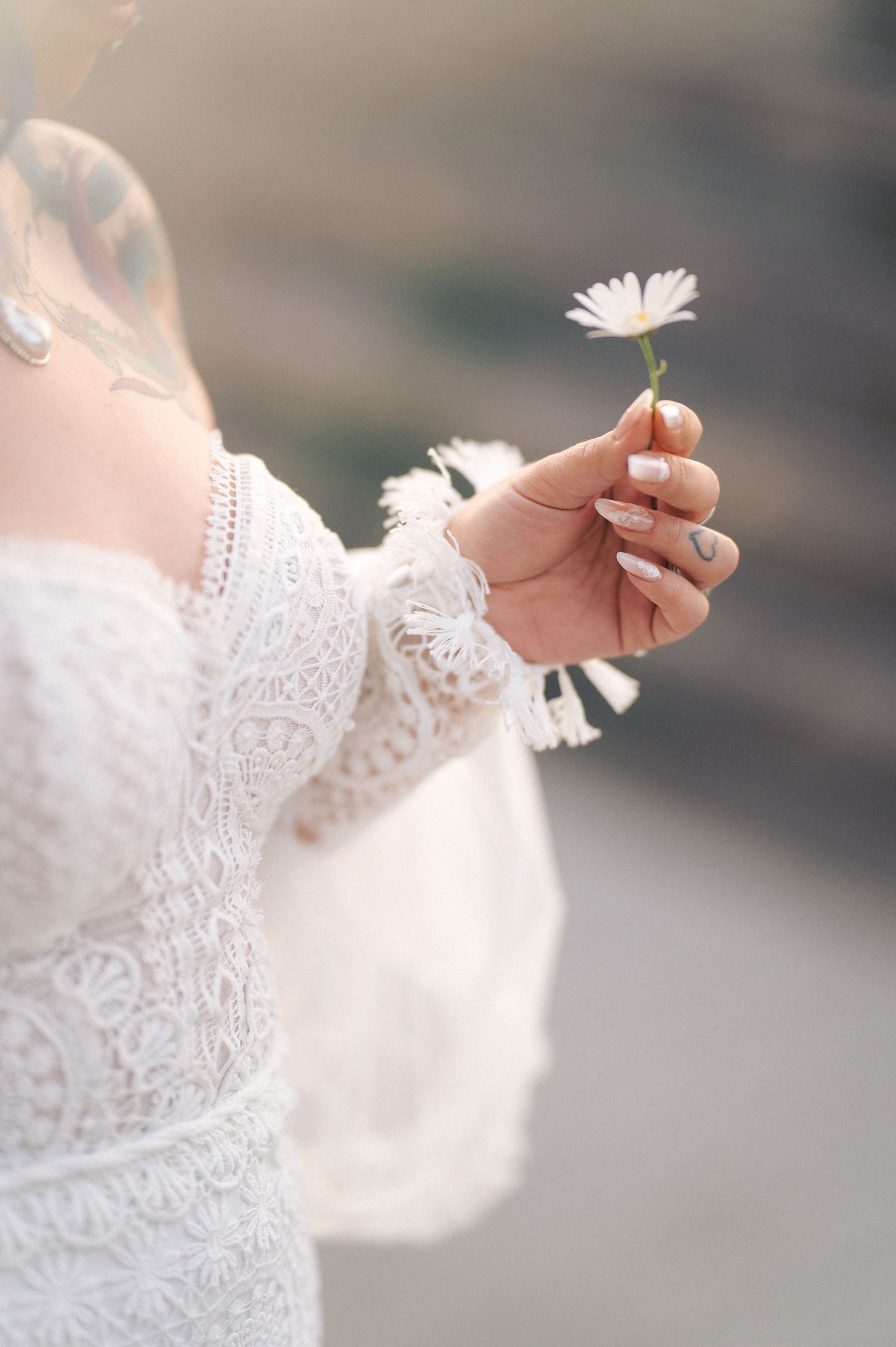 A hand in a white lace sleeve gently holds a delicate white daisy flower against a soft blurred background.