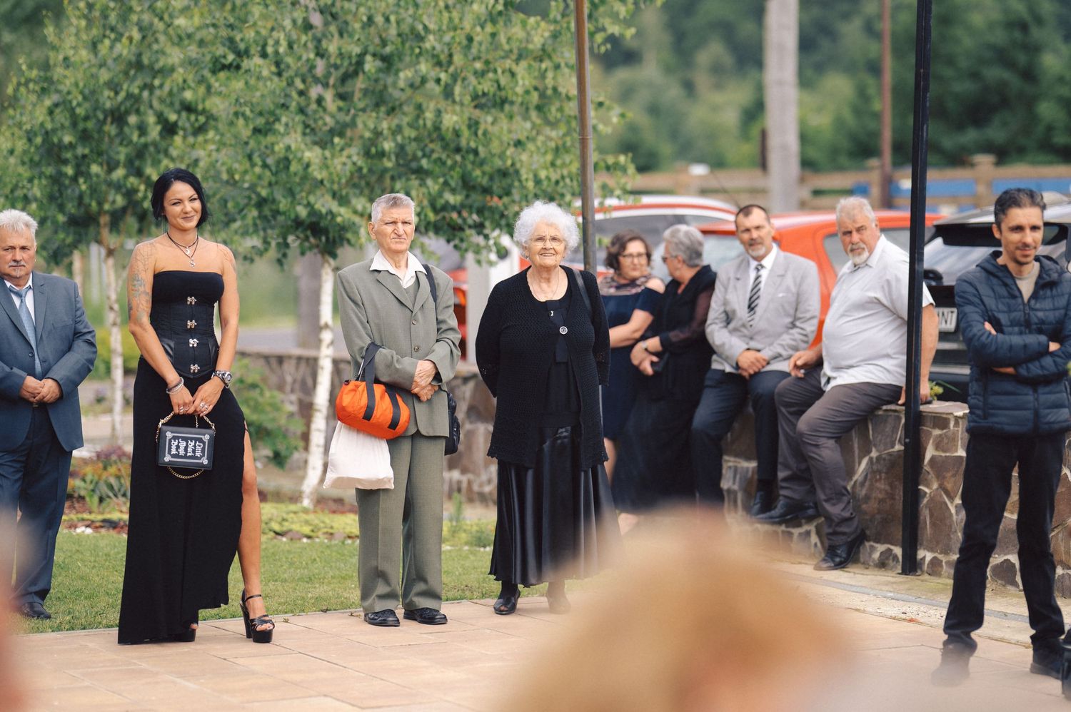 Wedding guests gather outdoors during a daytime ceremony with trees and natural scenery in the background.