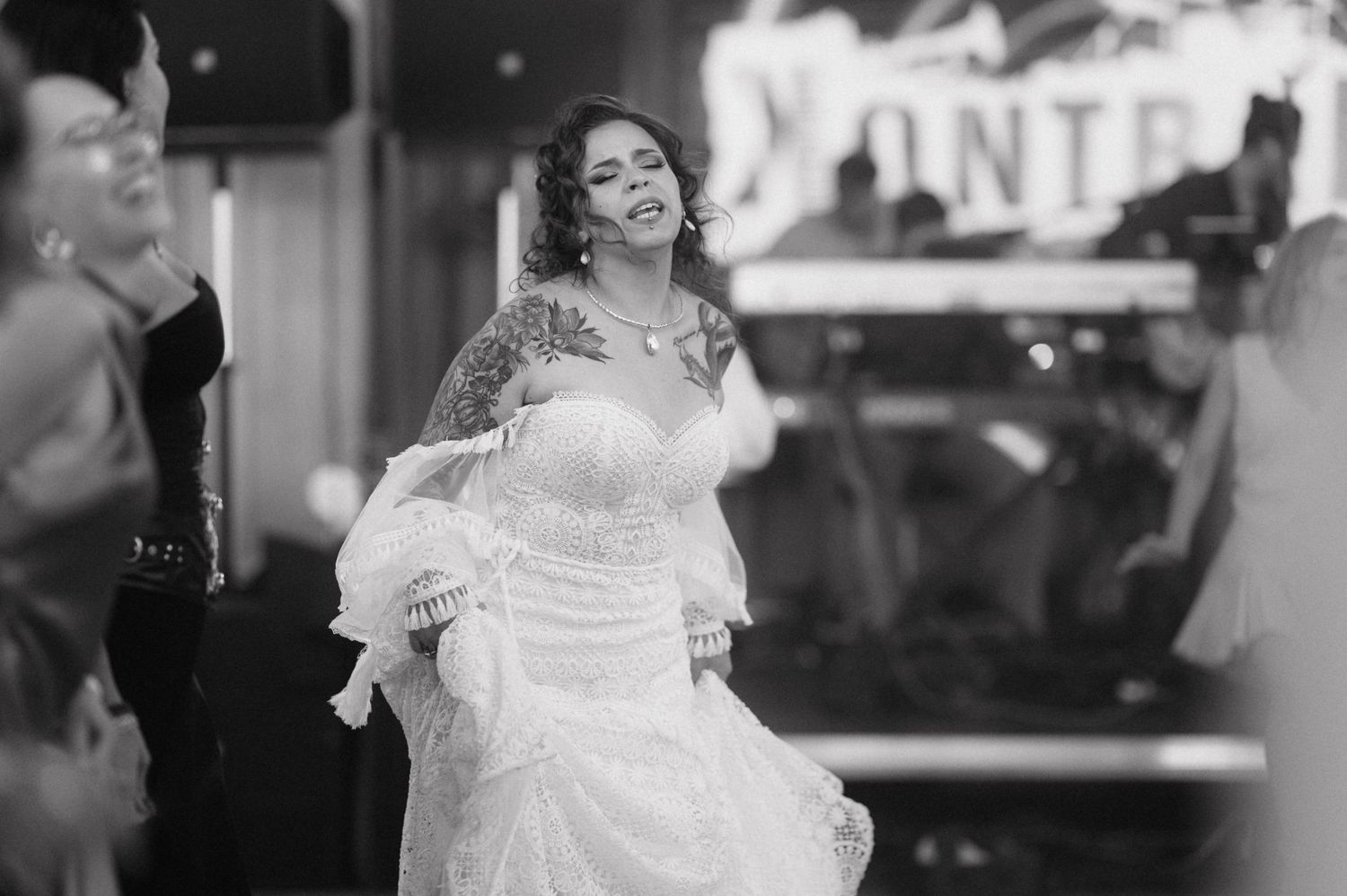 A black and white collage of artistic portrait photographs featuring elegant bridal fashion and graceful poses in wedding settings.