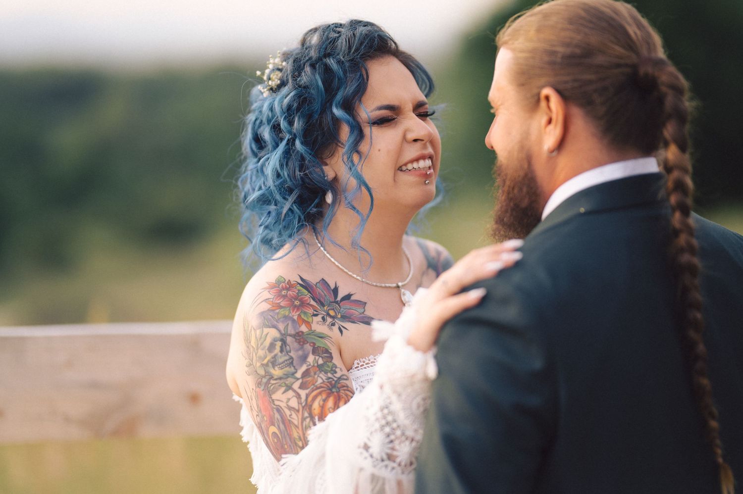 Happy couple embraces during outdoor wedding celebrations with multiple candid romantic moments captured.