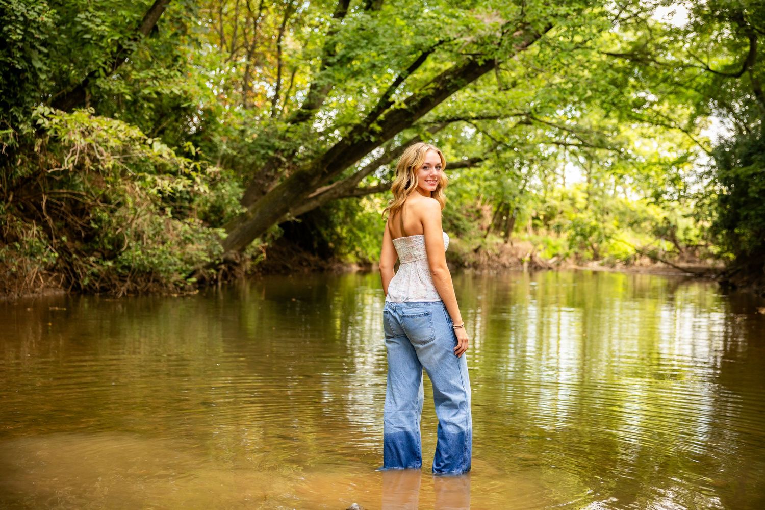A person in a blue dress walks through a scenic wooded creek on a sunny summer day.