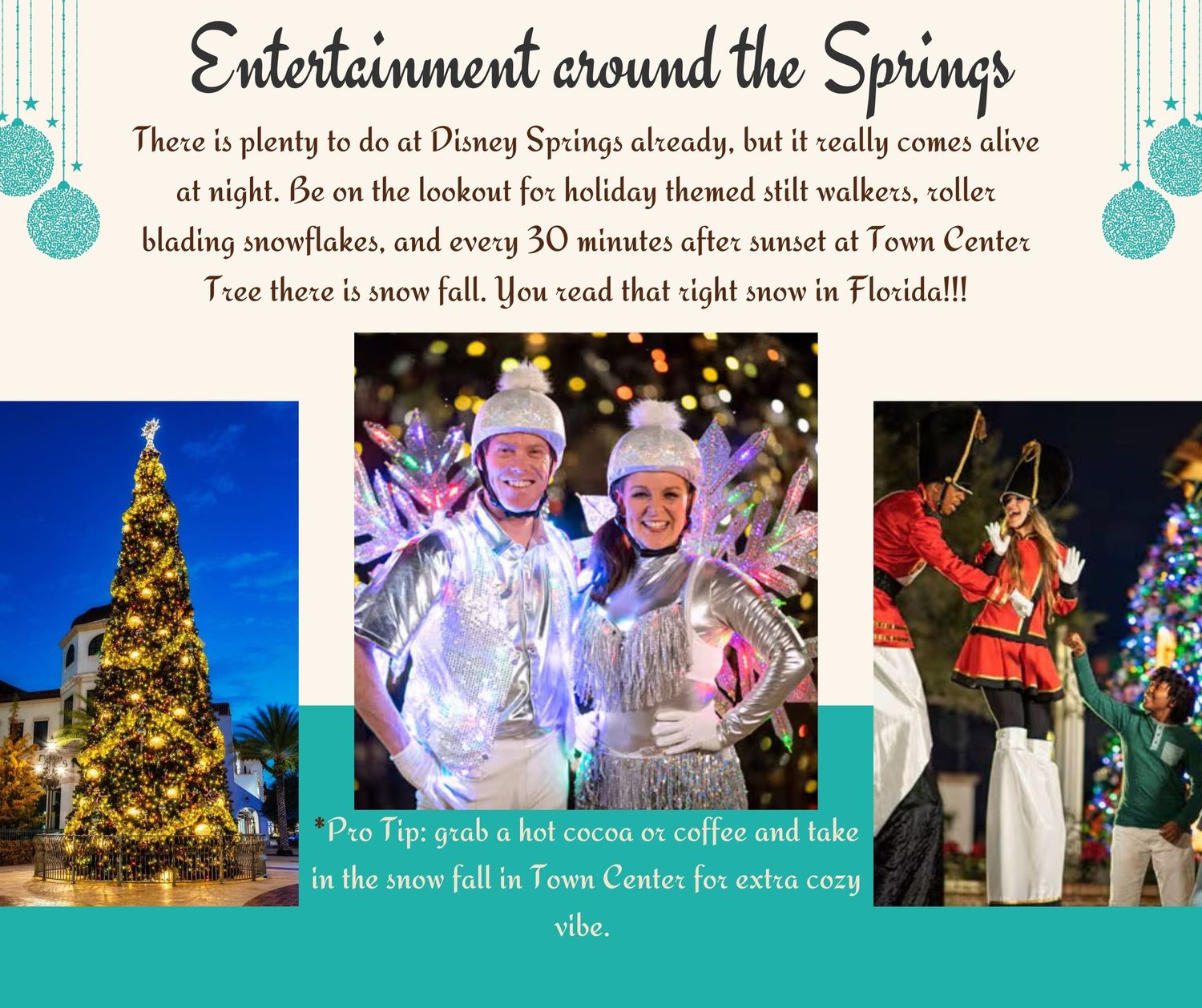 Nighttime holiday entertainment scenes at Disney Springs featuring performers and Christmas tree.