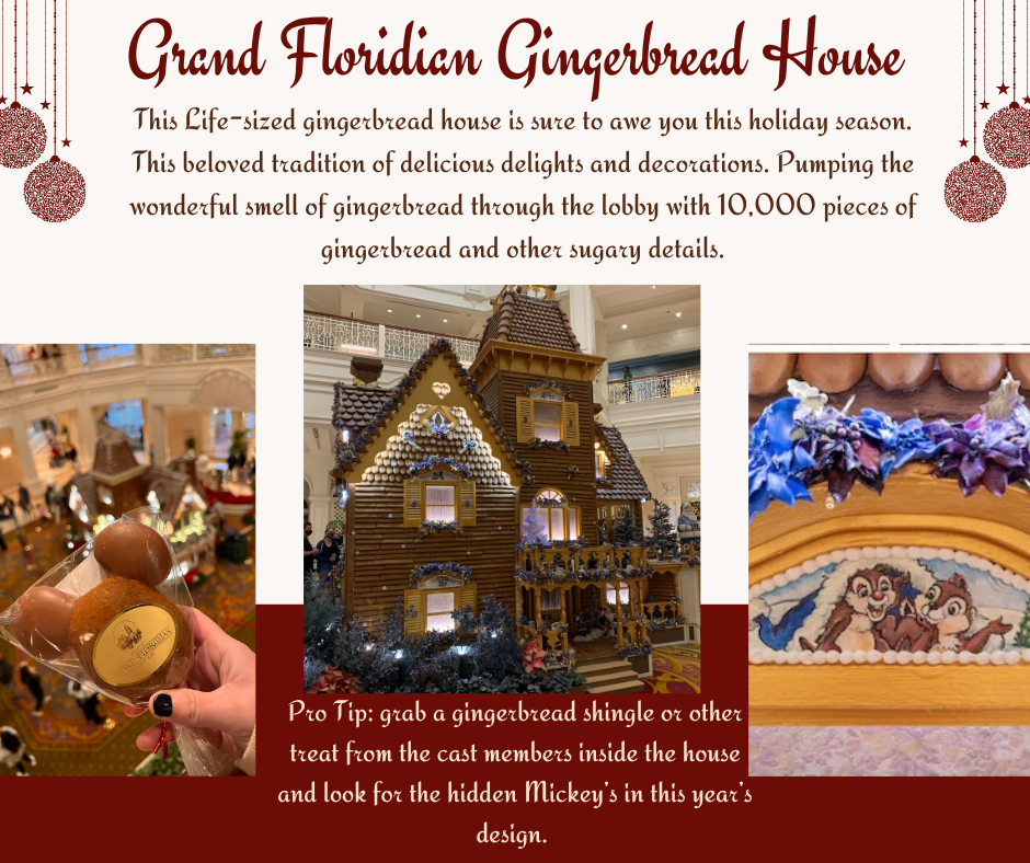 Grand Floridian's gingerbread house display featuring detailed architectural elements and holiday decorations.