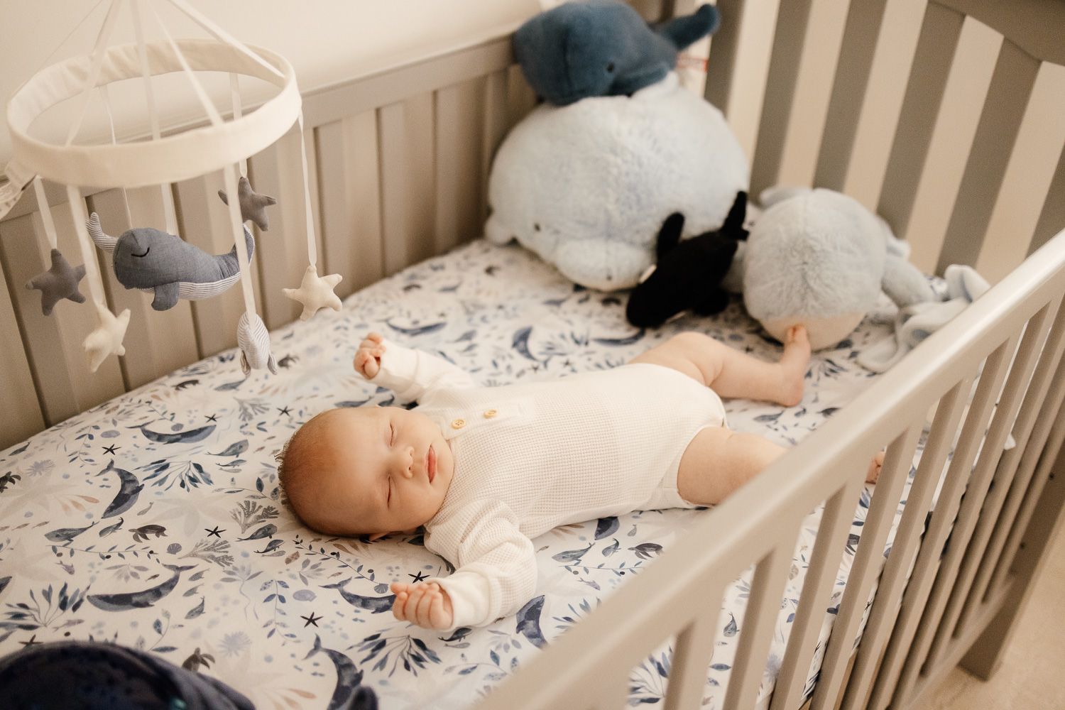 A baby sleeps in his whale themed crib during his photo session in Los Altos Hills