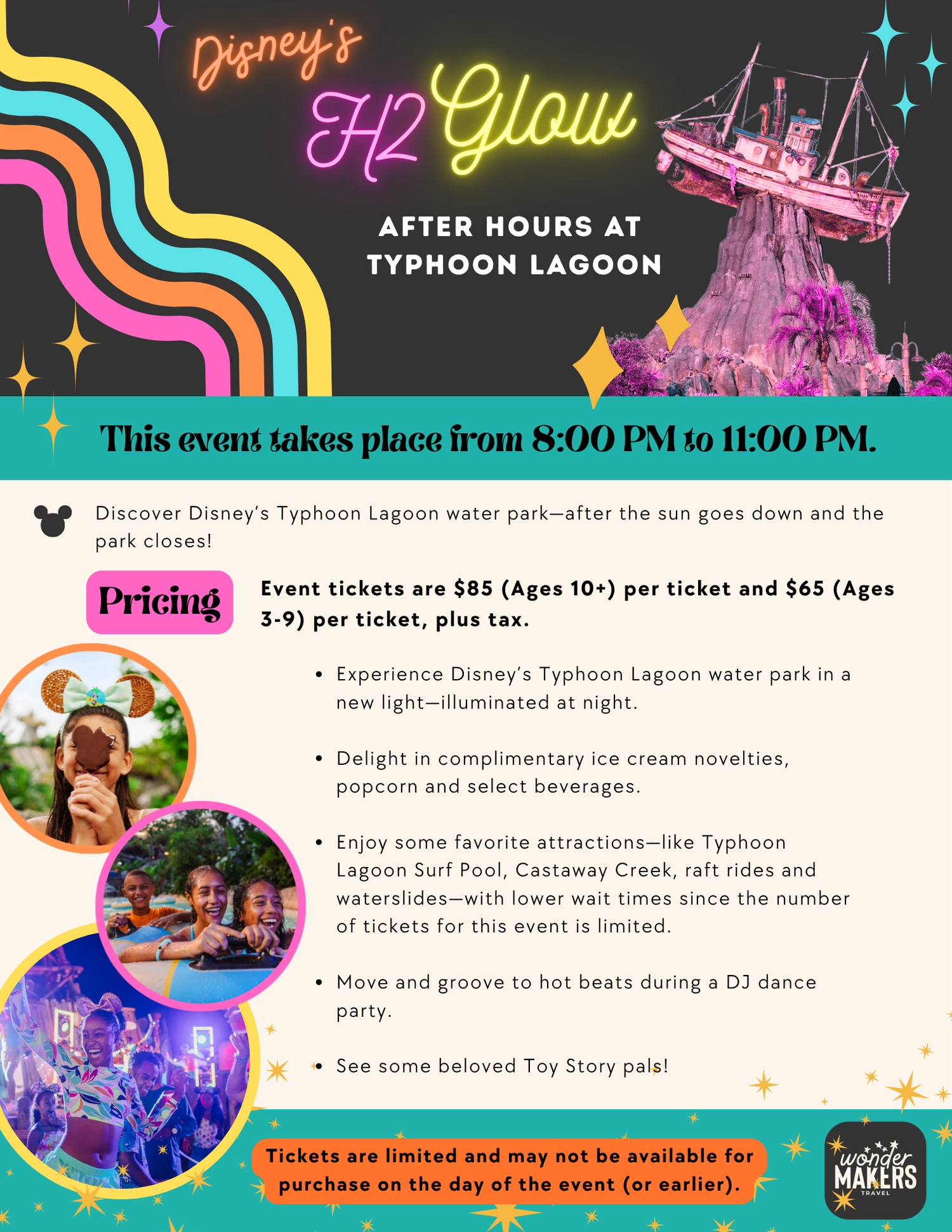 Event poster for H2 Glow After Hours at Typhoon Lagoon featuring neon lighting and party details.