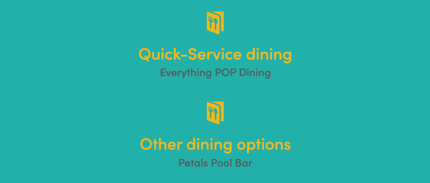 Teal menu display showing quick-service dining and other dining options.