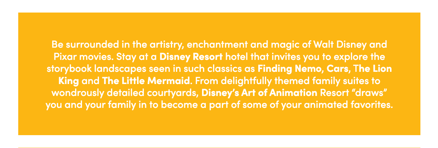 Disney copyright notice text displayed on yellow background banner for Disney's Art of Animation Resort.