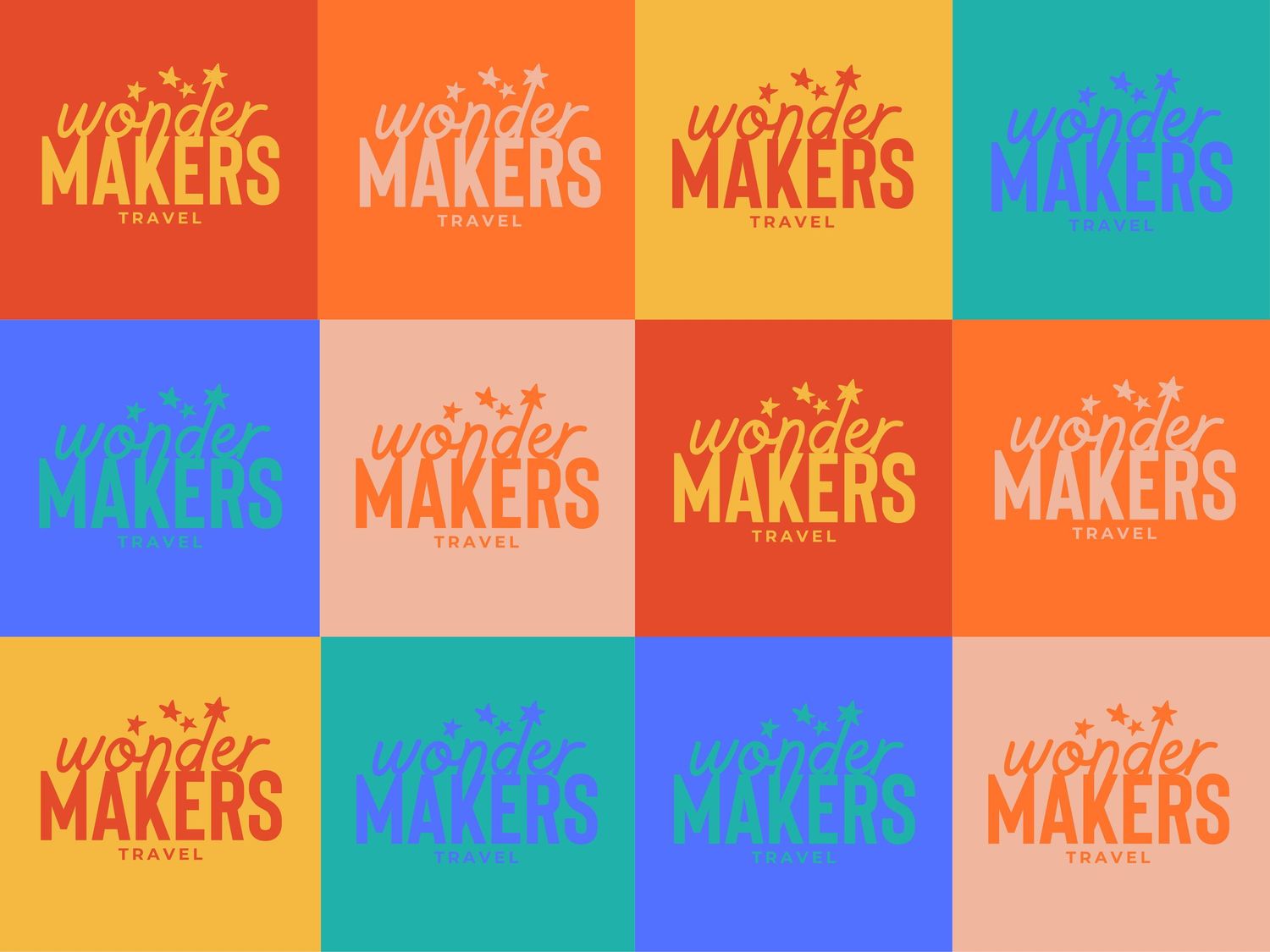 Grid of colorful Wonder Makers logos repeated in various color combinations against different backgrounds.