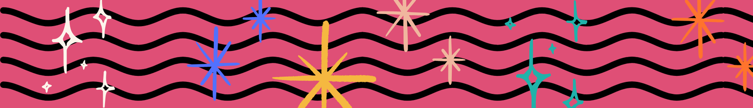 Decorative wavy orange and pink lines forming a border pattern.