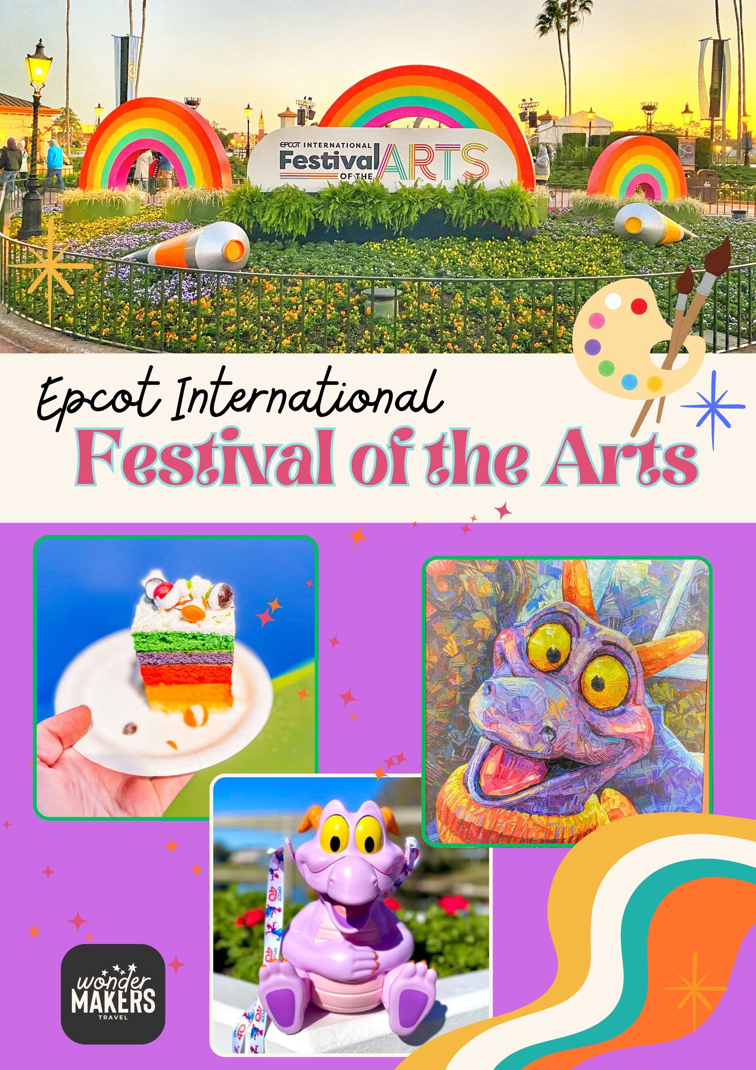 Epcot Festival of the Arts promotional image featuring rainbow arches and artistic food displays.