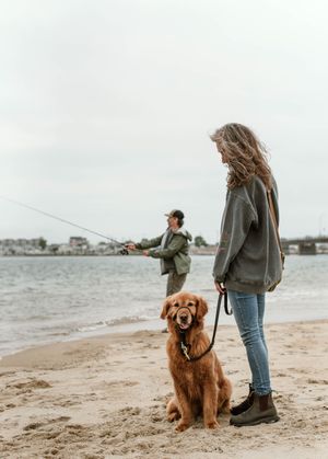 A couple a the beach with their dog.
