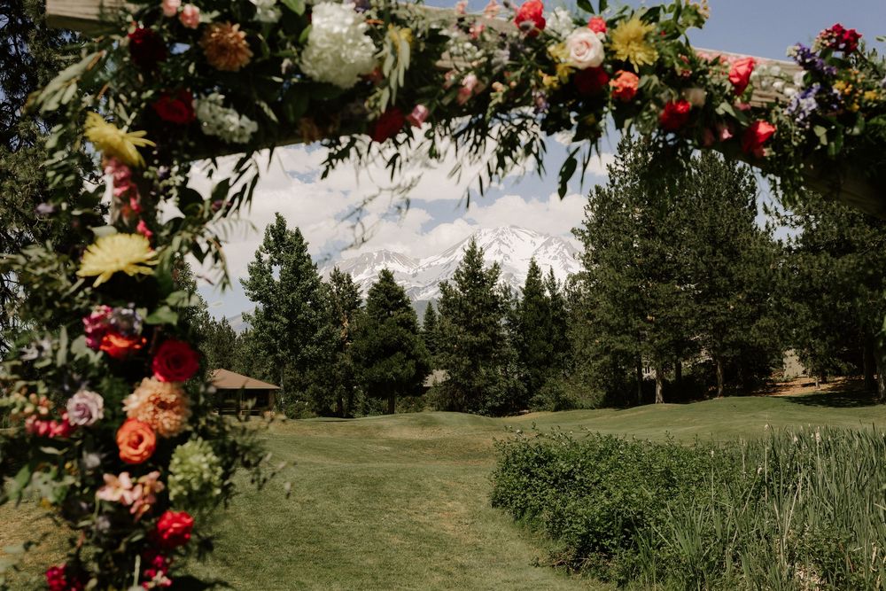 A panoramic collage of outdoor garden scenes with colorful flowers framing views of a lush green landscape.