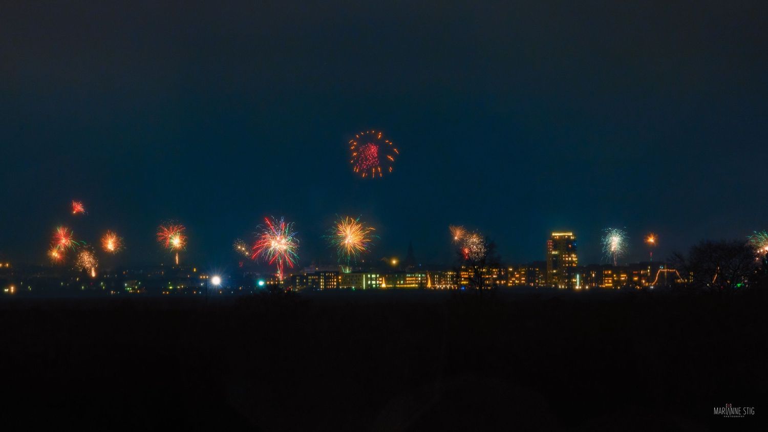 Colorful fireworks illuminate the dark night sky over a city skyline during a celebration display.