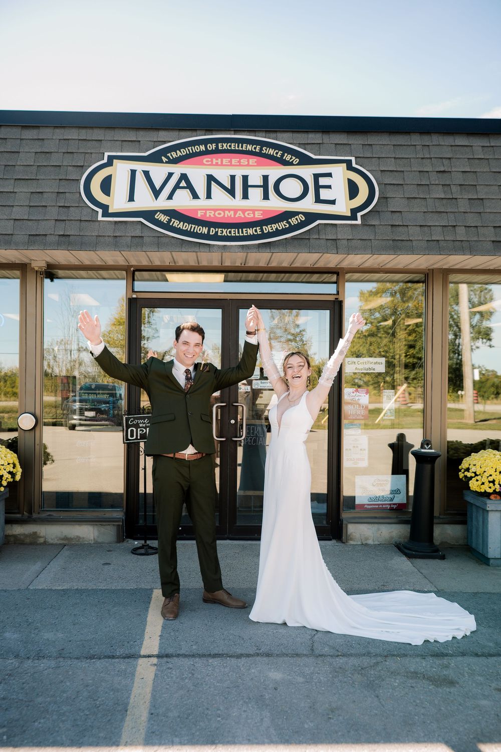 A wedding couple poses playfully in a sequence of photos outside a storefront with an Ivanhoe sign.