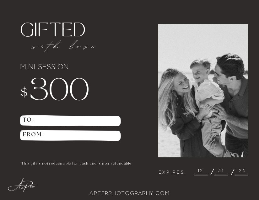A collection of black and white photography branding elements showing gift cards and session booking designs.