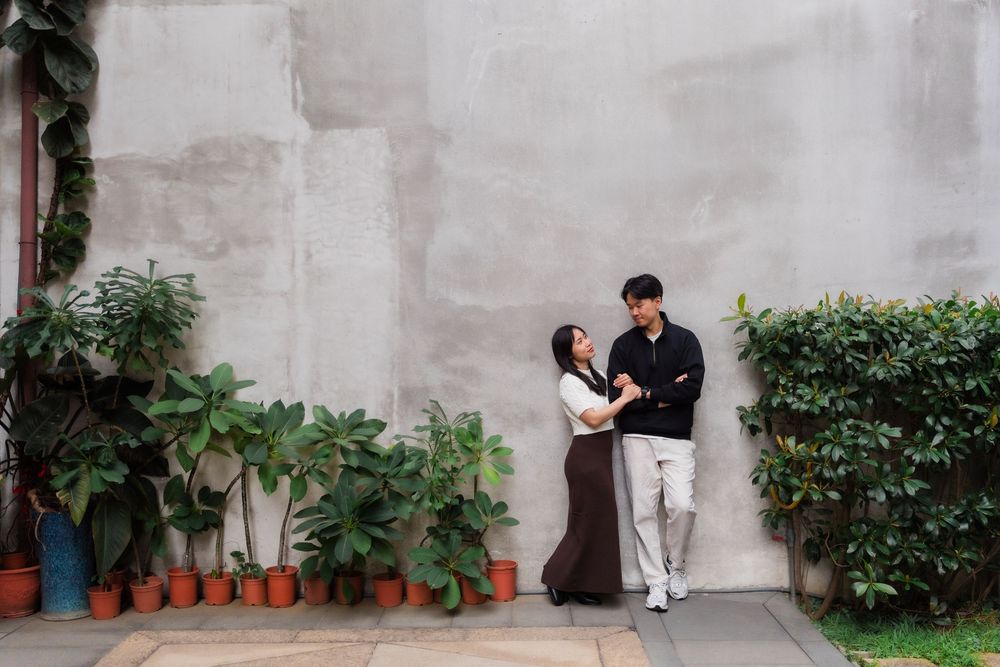 A series of four connected photos showing someone in black clothing posing against a white wall with potted plants.