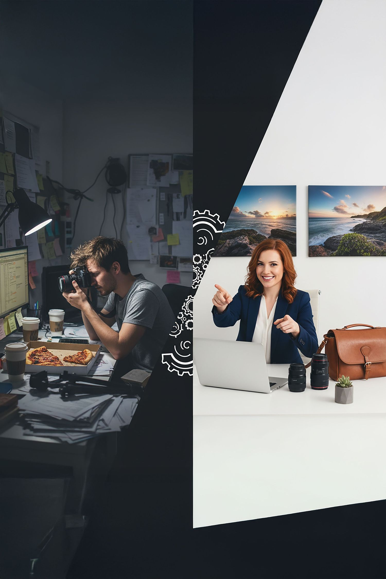 Business professional working at desk with laptop and coffee in modern office setting.