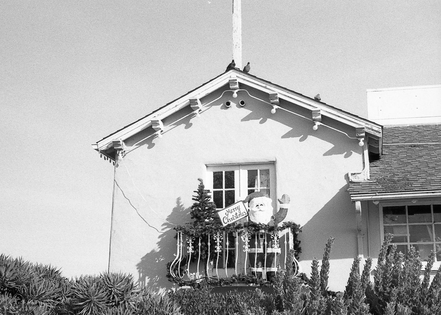 A series of white coastal houses with gabled roofs and balconies sit along a hillside overlooking the ocean.