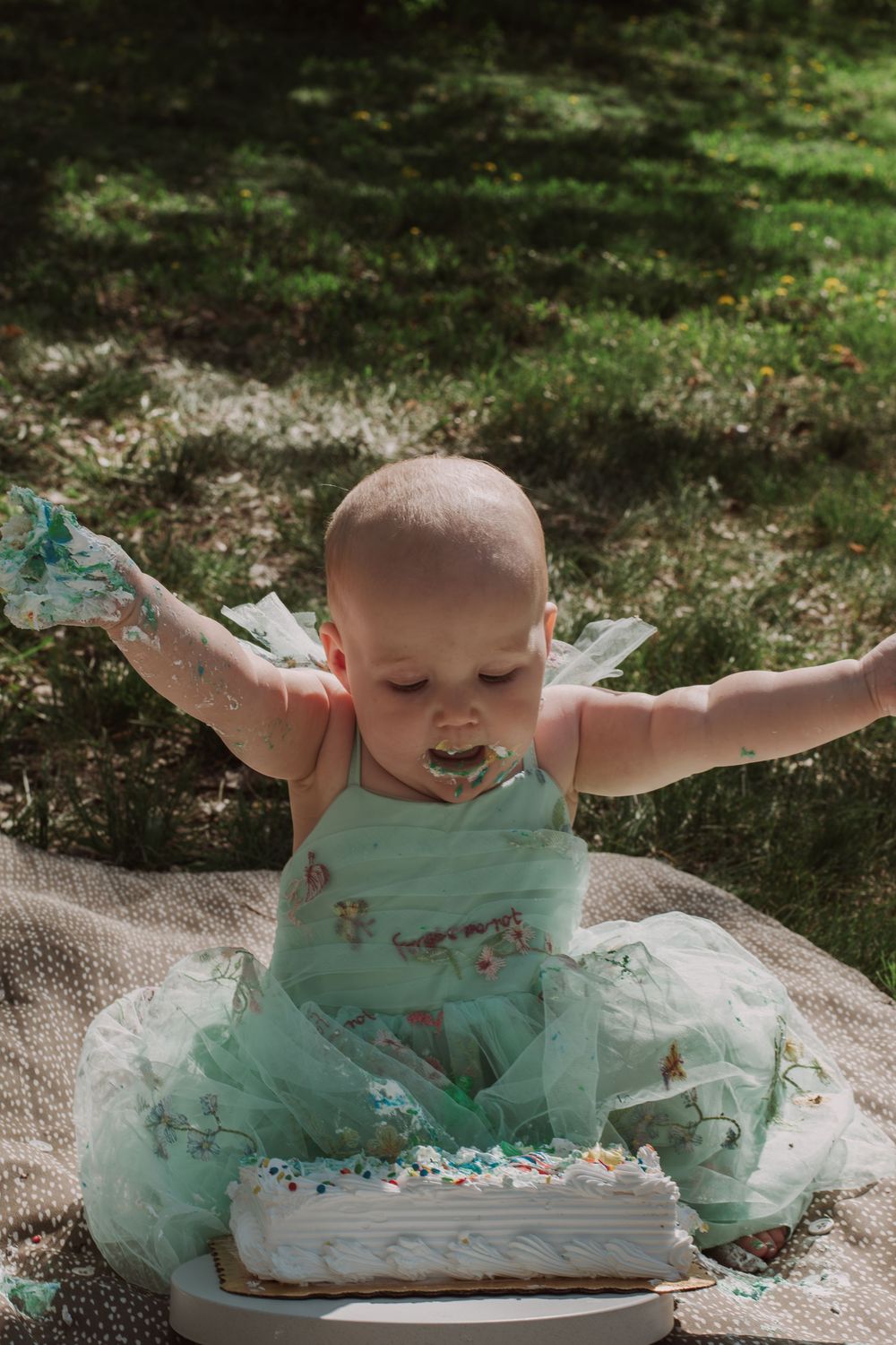 Baby in mint tulle dress celebrates with arms raised over a birthday cake outdoors.