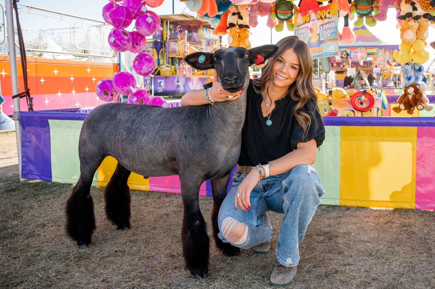 A black lamb stands with decorative balloons and carnival decor in the background at a festive fair setting.