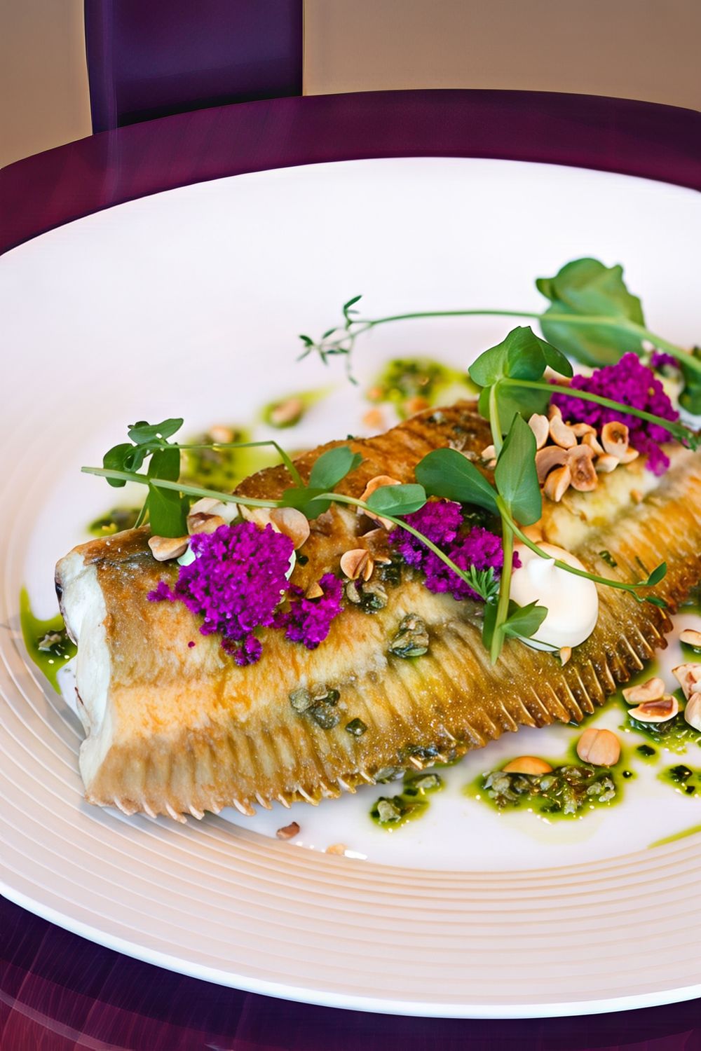 Pan-seared fish fillet garnished with purple flowers and microgreens on white plate with herb sauce.